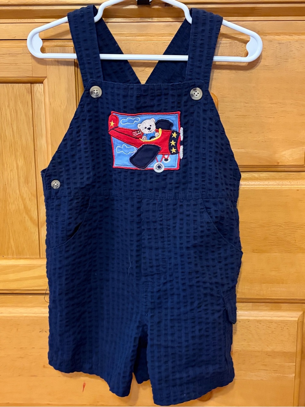 Starting Out Boy's Navy Blue Overalls with a Bear in a Plane Appliqué Size 18M